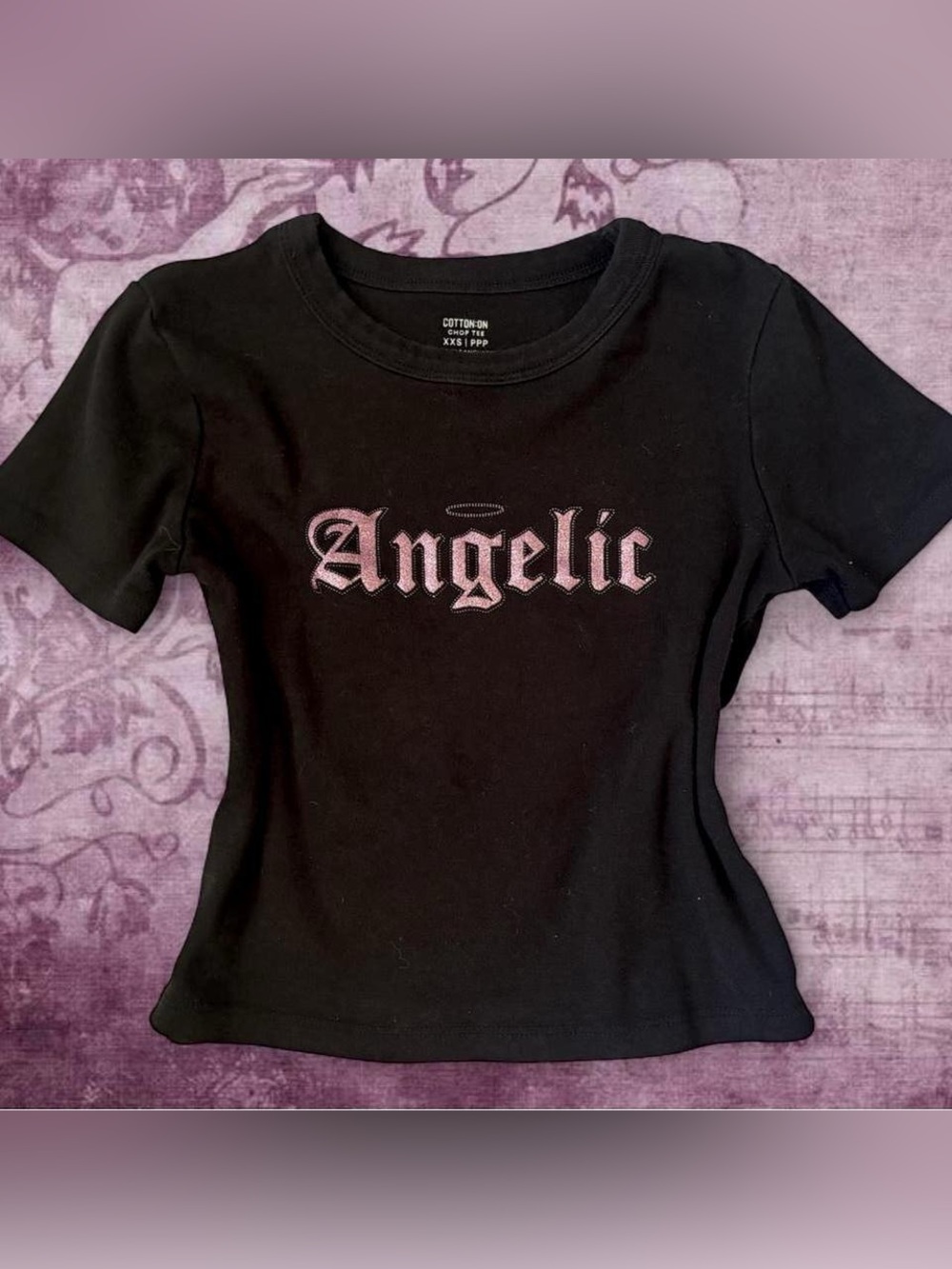 Cotton On Black Tee with Pink 'Angelic' Graphic